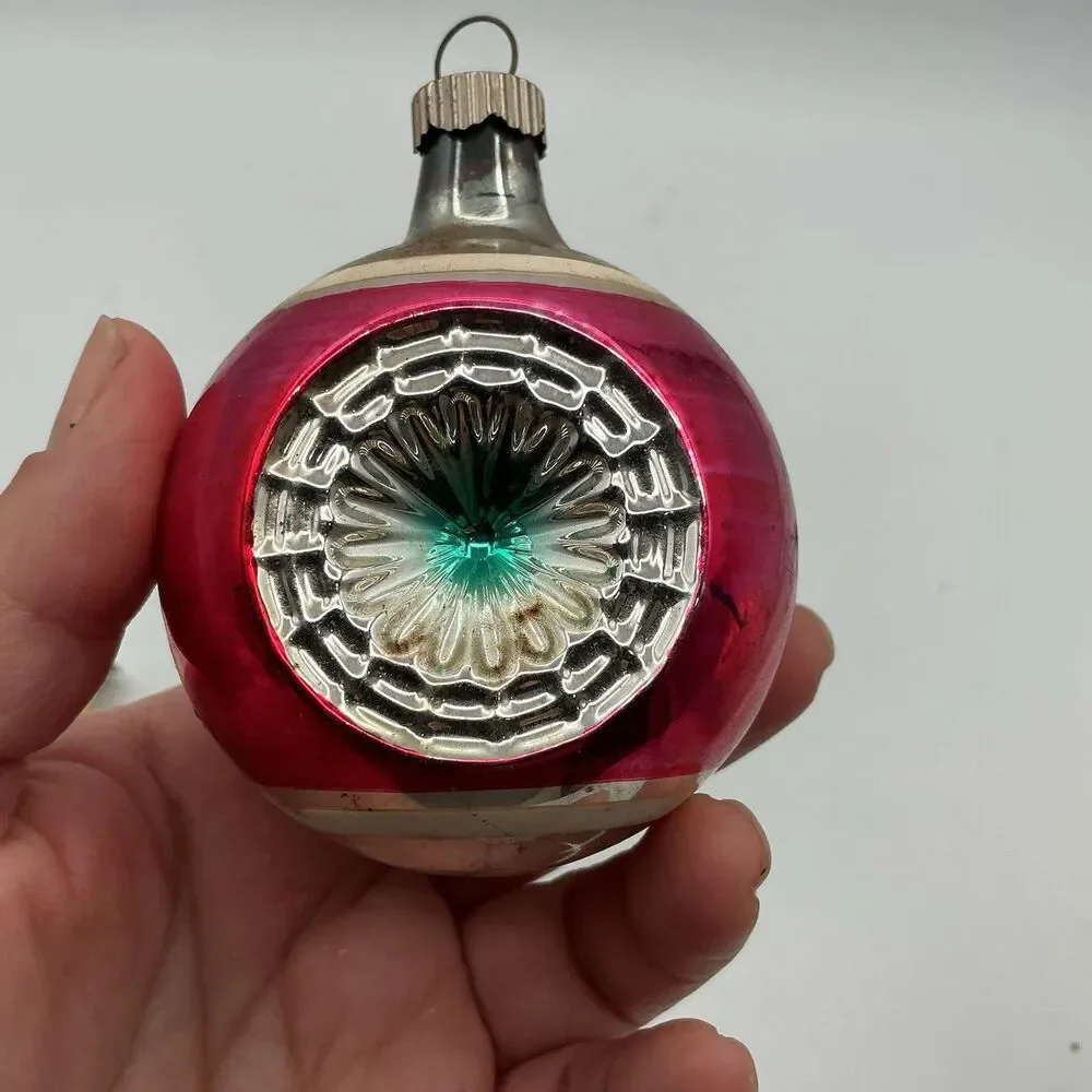 Vintage Shiny Brite Mercury Glass Reflector Christmas Ornament Pink Silver 3”